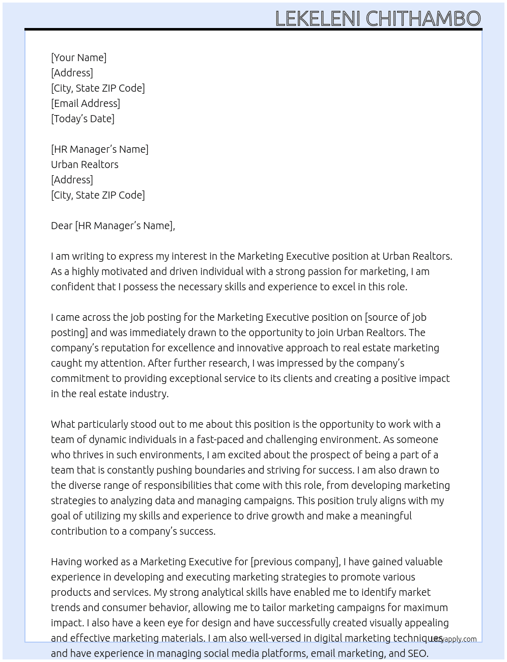Marketing Executive  At Urban Realtors  Cover Letter