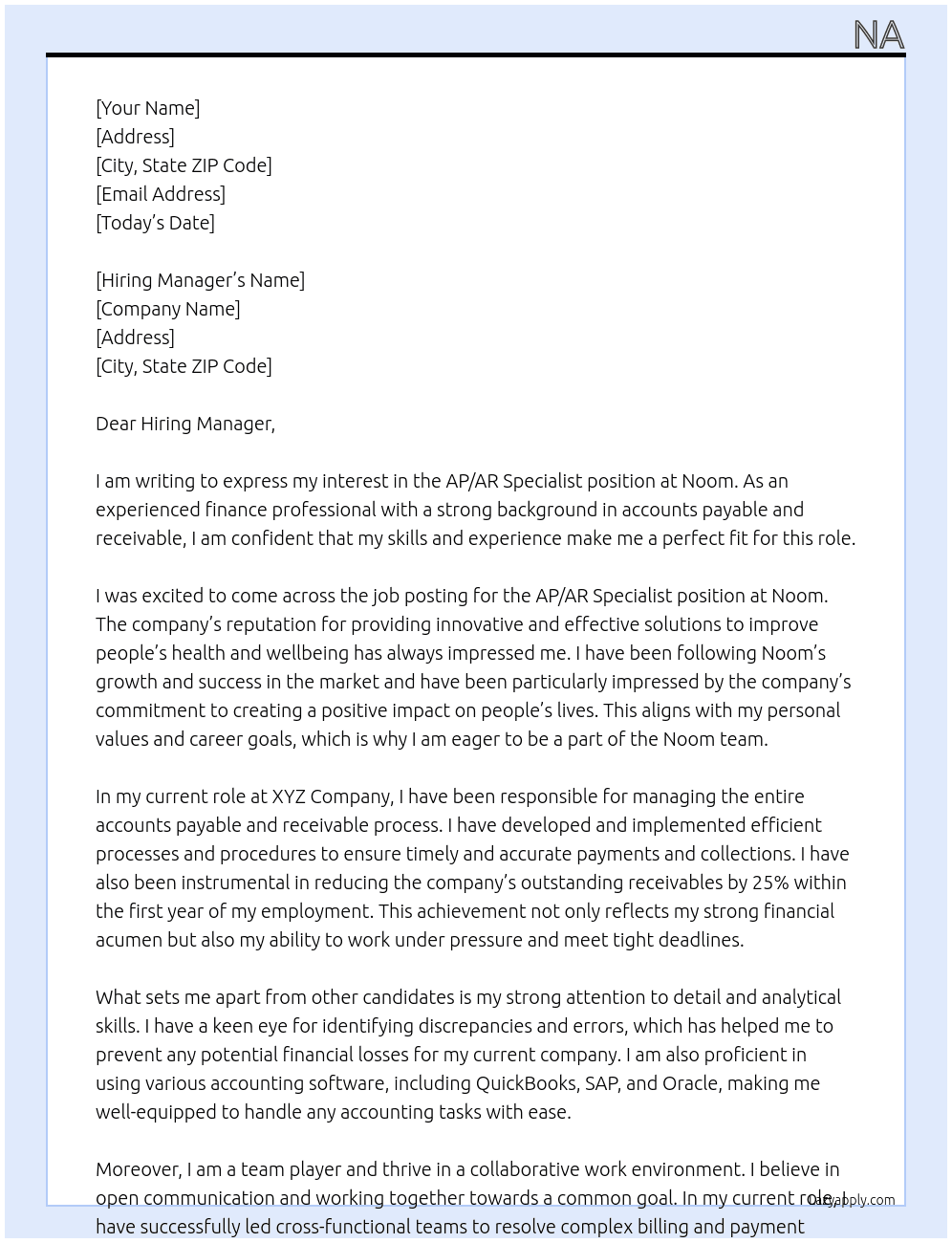 AP / AR Specialist At Noom Cover Letter