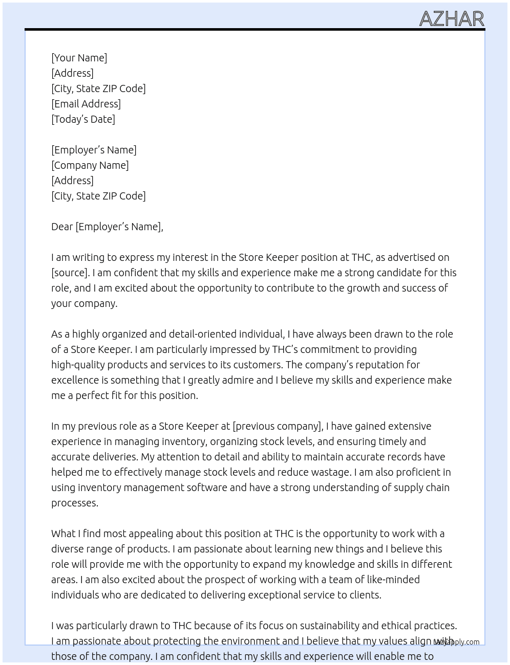 store keeper At THC Cover Letter
