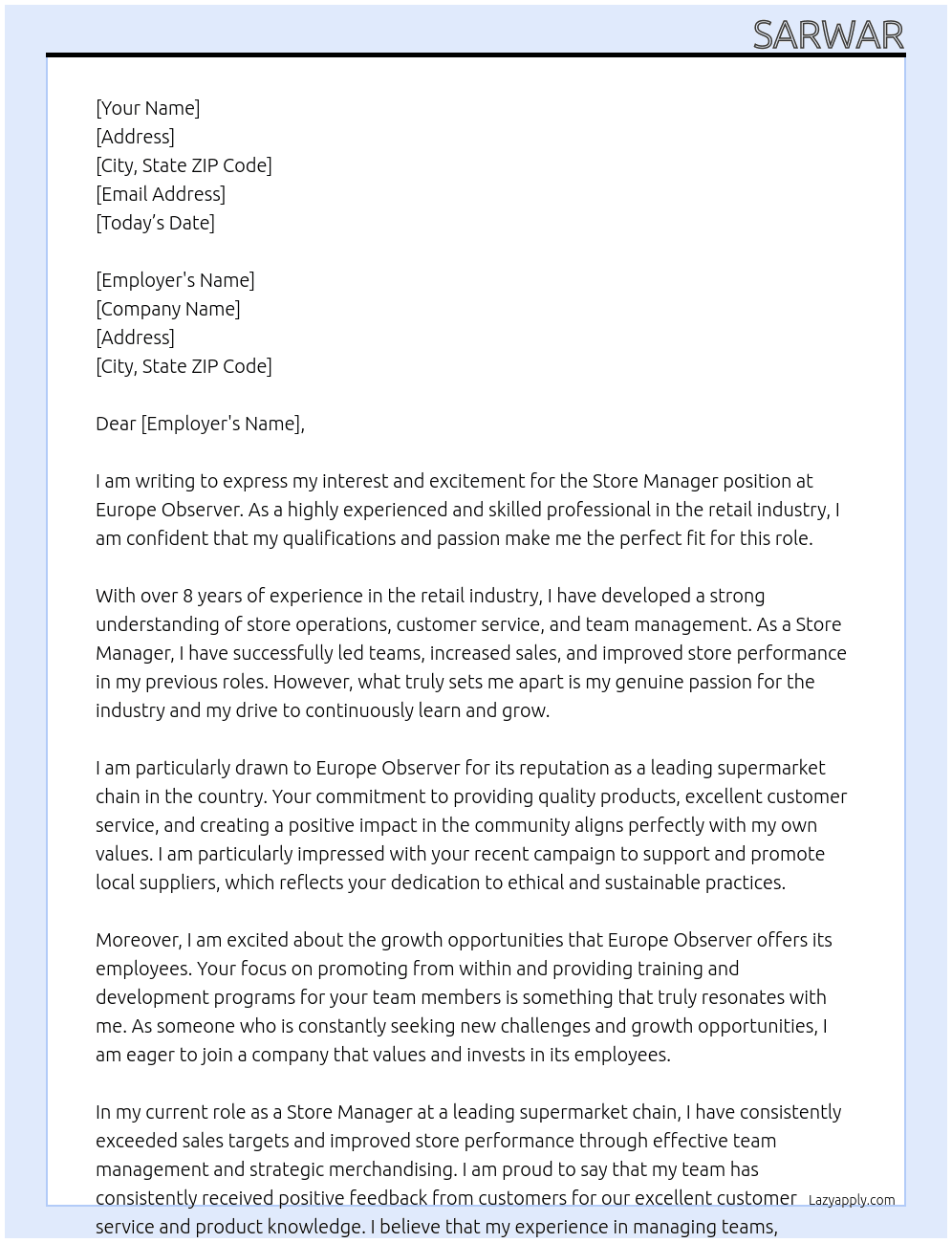 Store Manager (Supermarket) At Europe Observer Cover Letter
