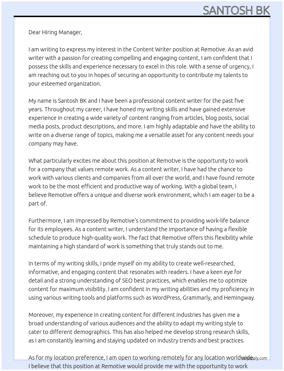 Content Writer At Remotive Cover Letter
