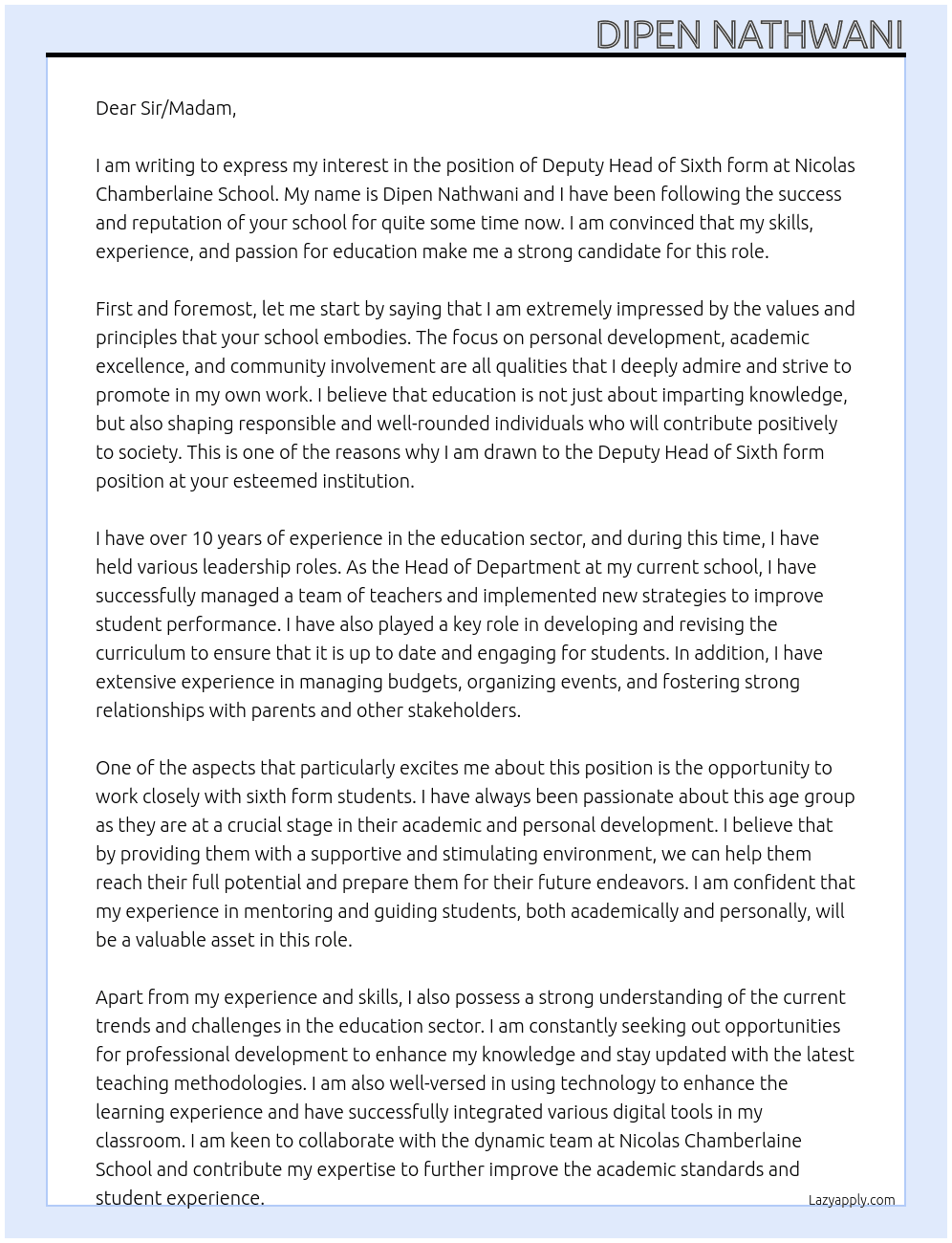 Deputy Head of Sixth form At Nicolas Chamberlaine School Cover Letter