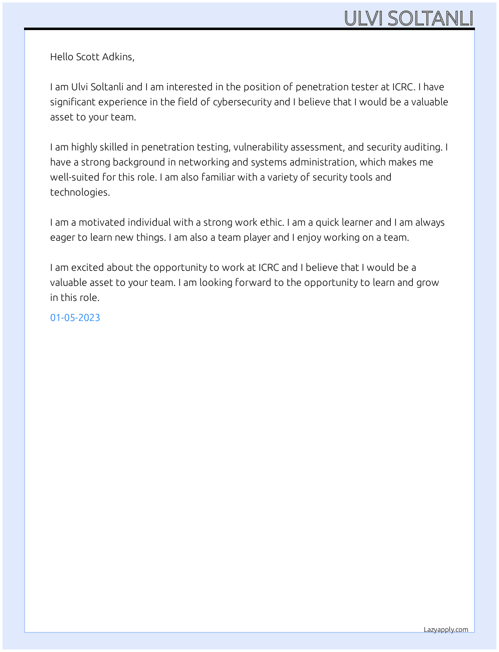 penetration tester At ICRC Cover Letter