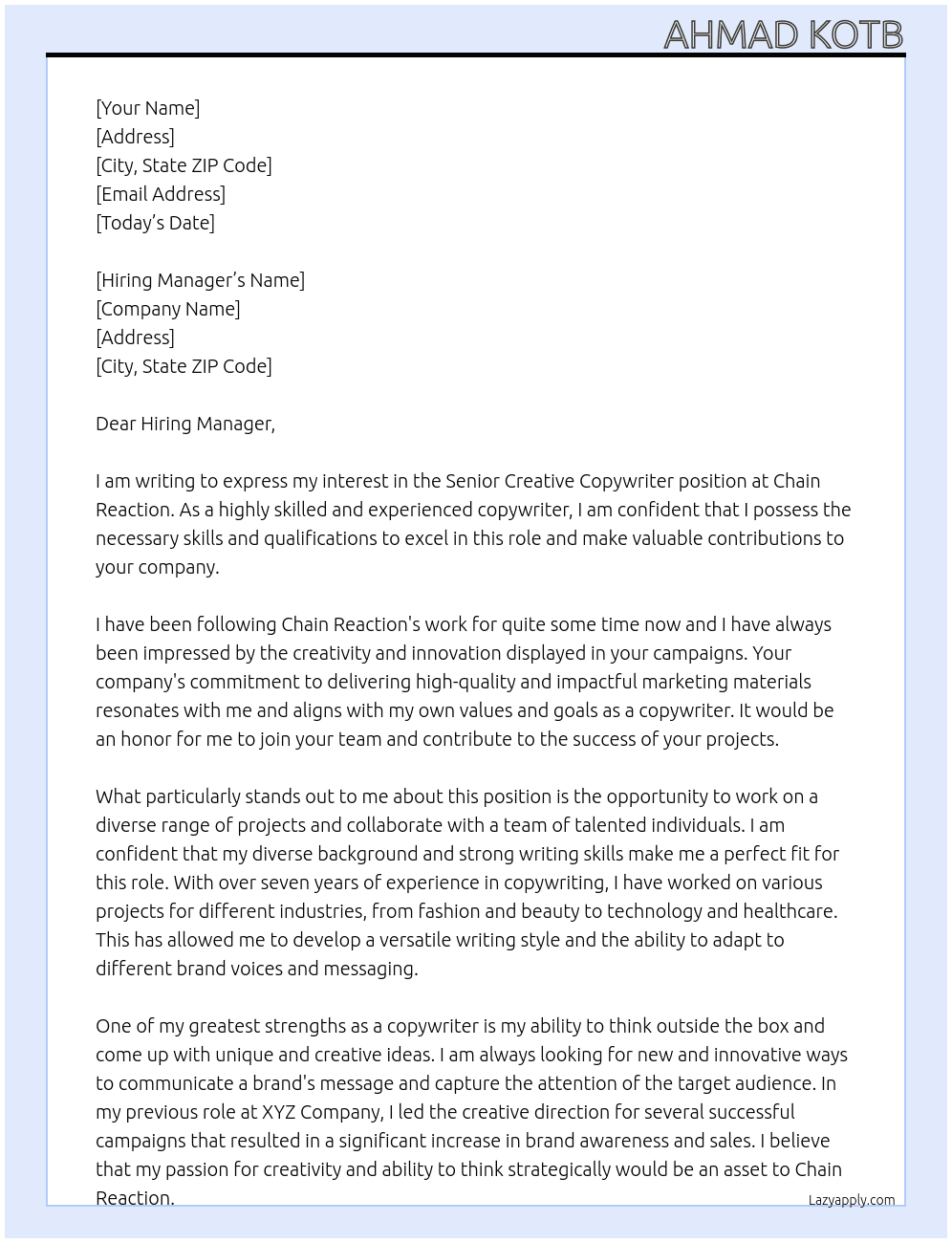 Senior Creative Copywriter At Chain Reaction Cover Letter