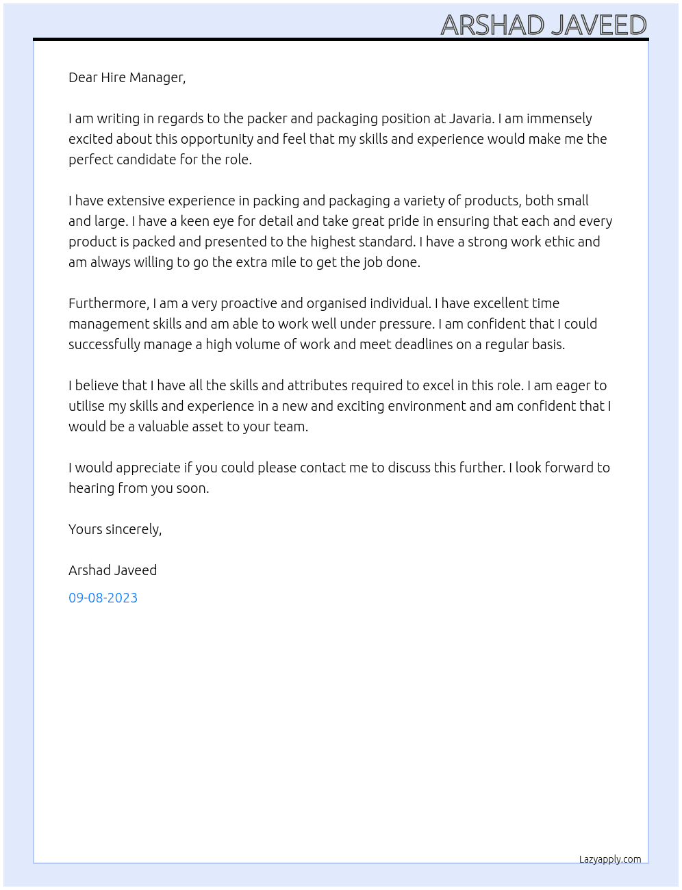 Packer and packaging At Javaria Cover Letter