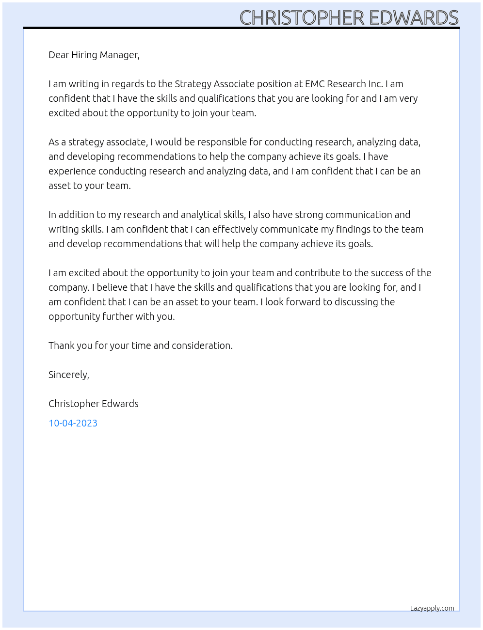 Strategy Associate At EMC Research Inc Cover Letter