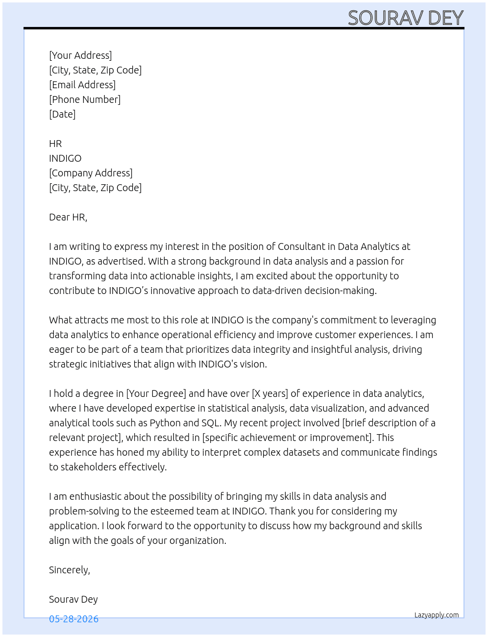 Cover letter for consultant - data analytics - LazyApply