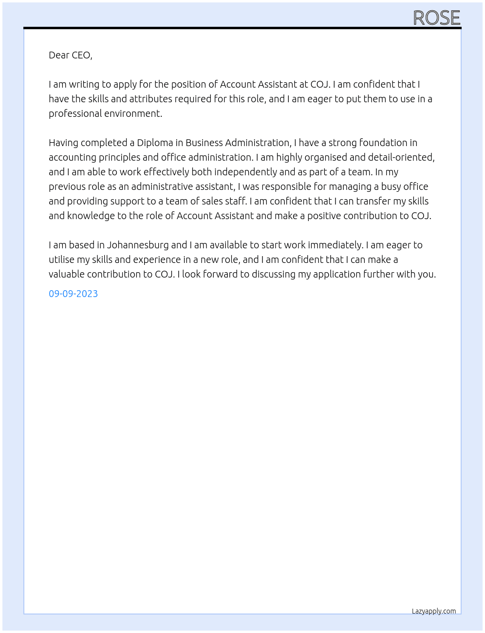 account ASSISTANTROSE At COJ Cover Letter