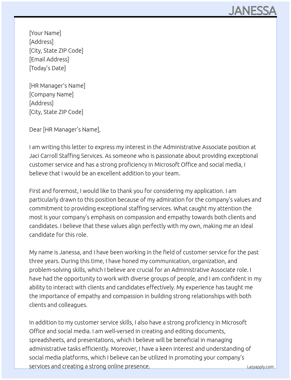 Administrative Associate At Jaci Carroll Staffing Services  Cover Letter