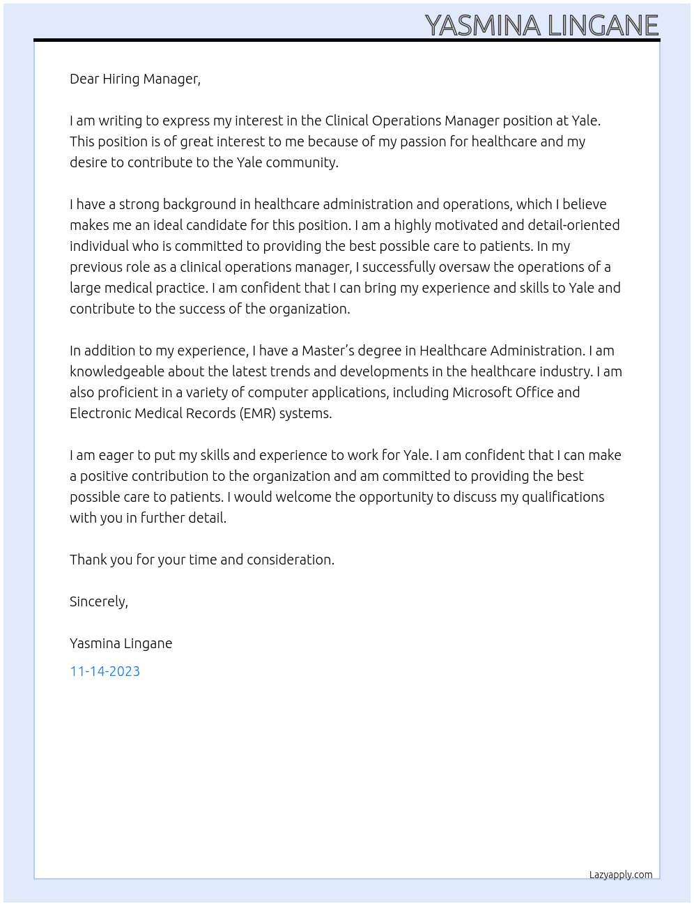 Clinical Operations Manager  At Yale  Cover Letter