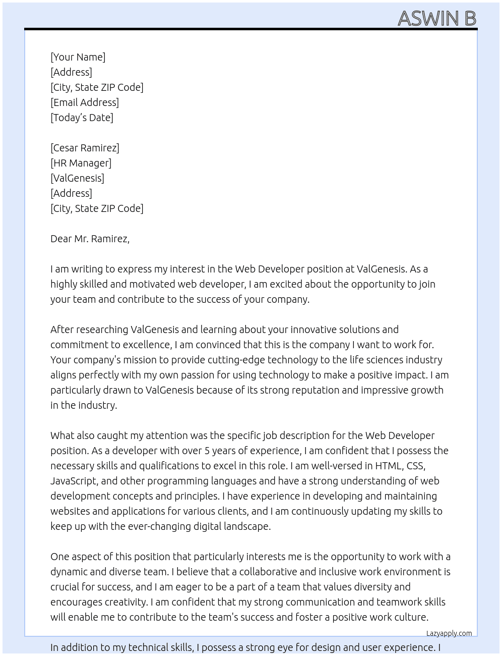 Web Developer At ValGenesis Cover Letter