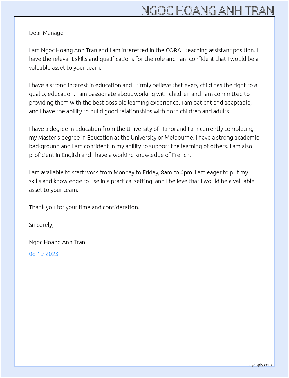 CORAL teaching assisstant  At CORAL Cover Letter