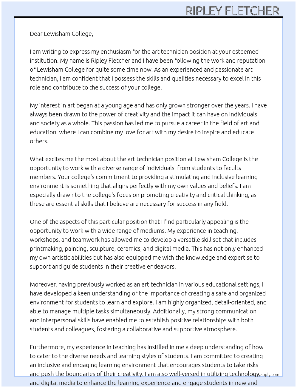 art technician at college At Lewisham College Cover Letter