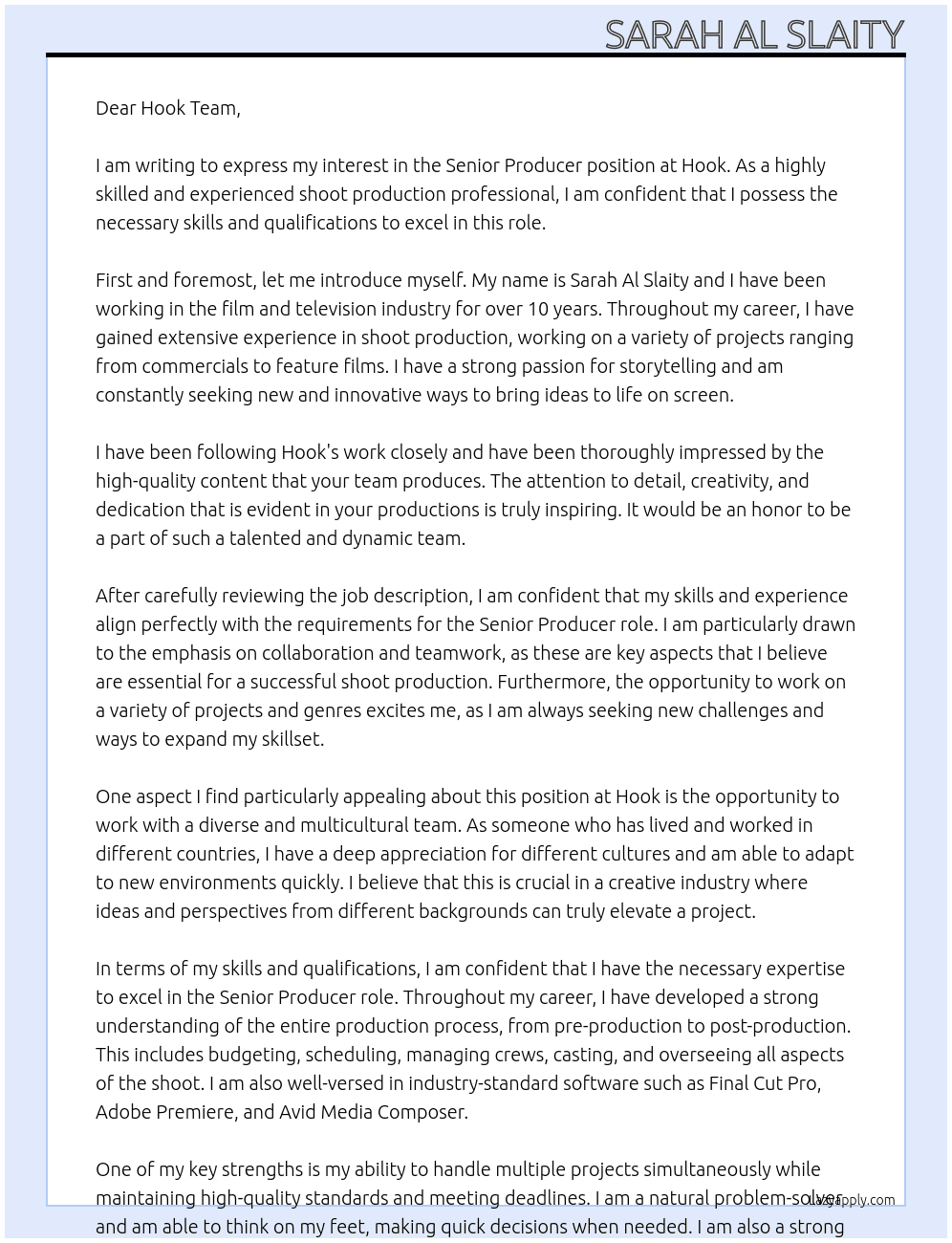 Senior Producer At Hook Cover Letter