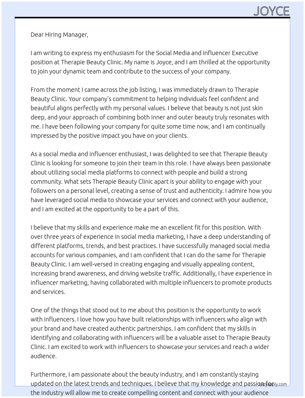 Social Media and Influencer Executive At Therapie Beauty Clinic Cover Letter
