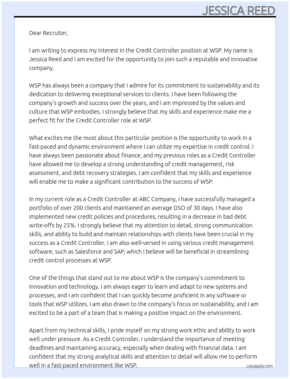 Credit Controller At WSP Cover Letter