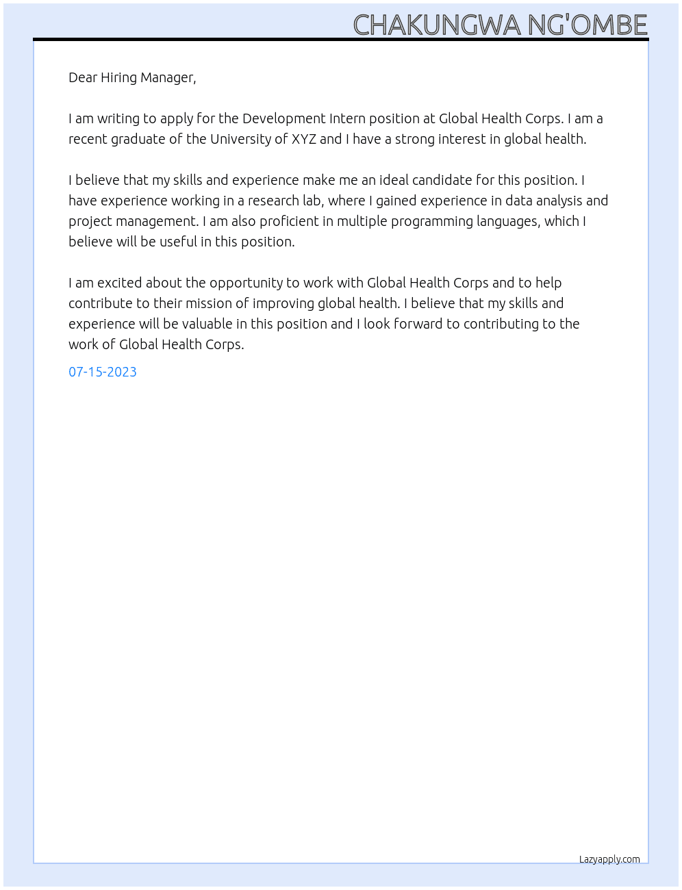 Development Intern  At Global Health Corps Cover Letter