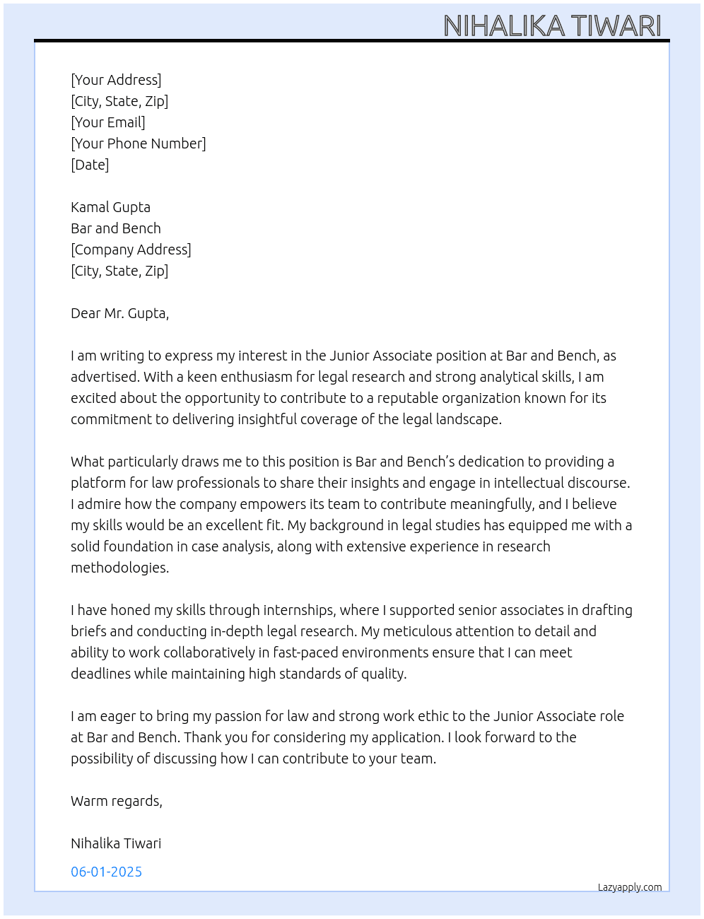 Junior associate  At Bar and bench Cover Letter