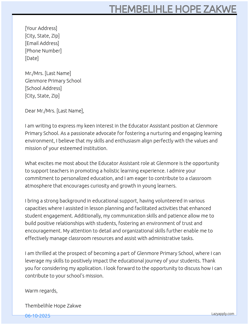 Educator assistant At Glenmore primary school Cover Letter