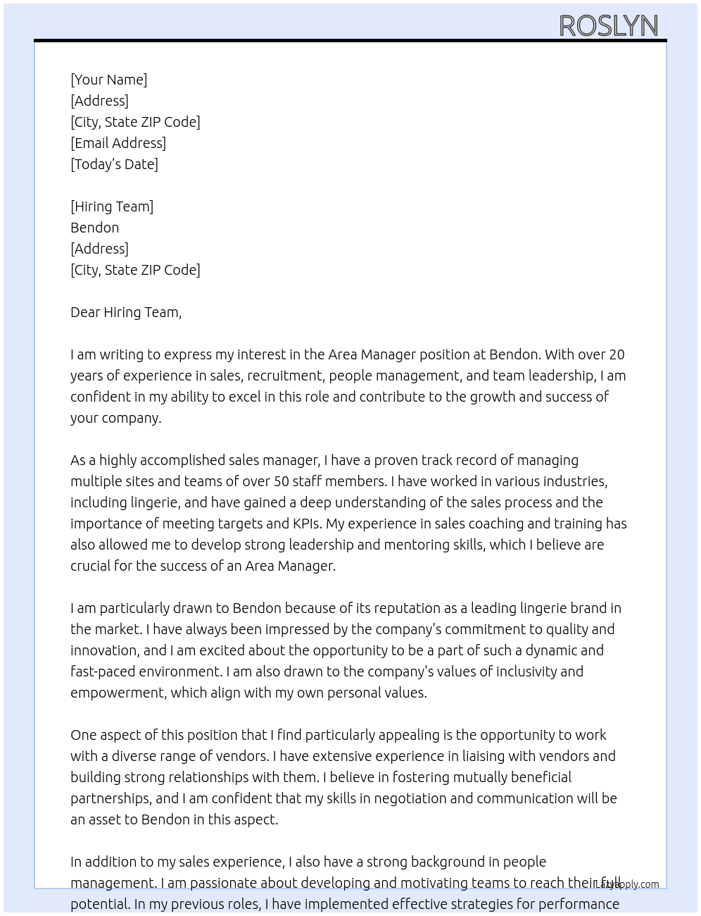 Area Manager  At Bendon Cover Letter