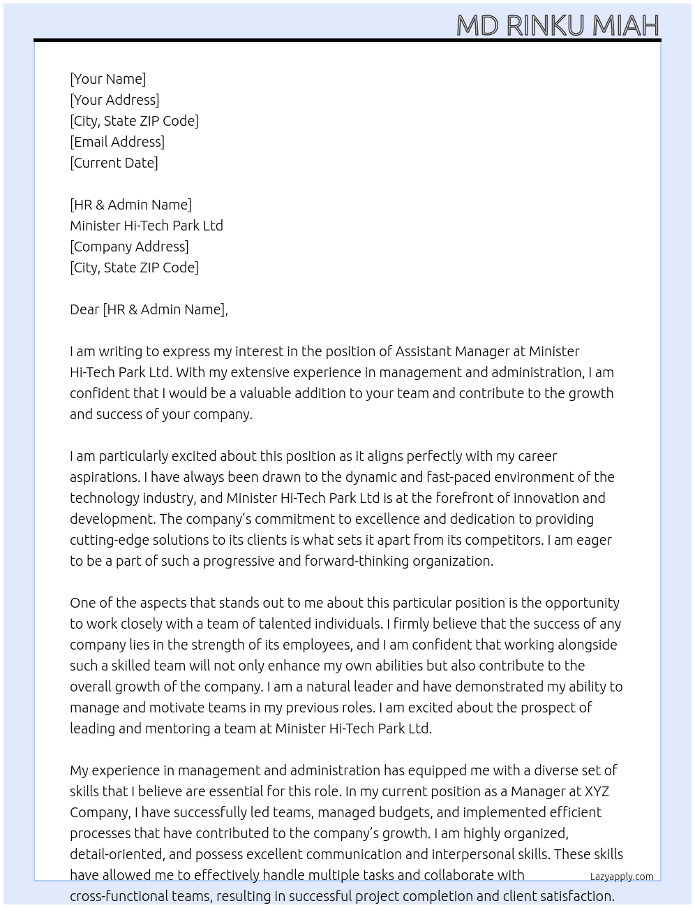 Assistant Manager  At Minister Hi-Tech Park Ltd Cover Letter