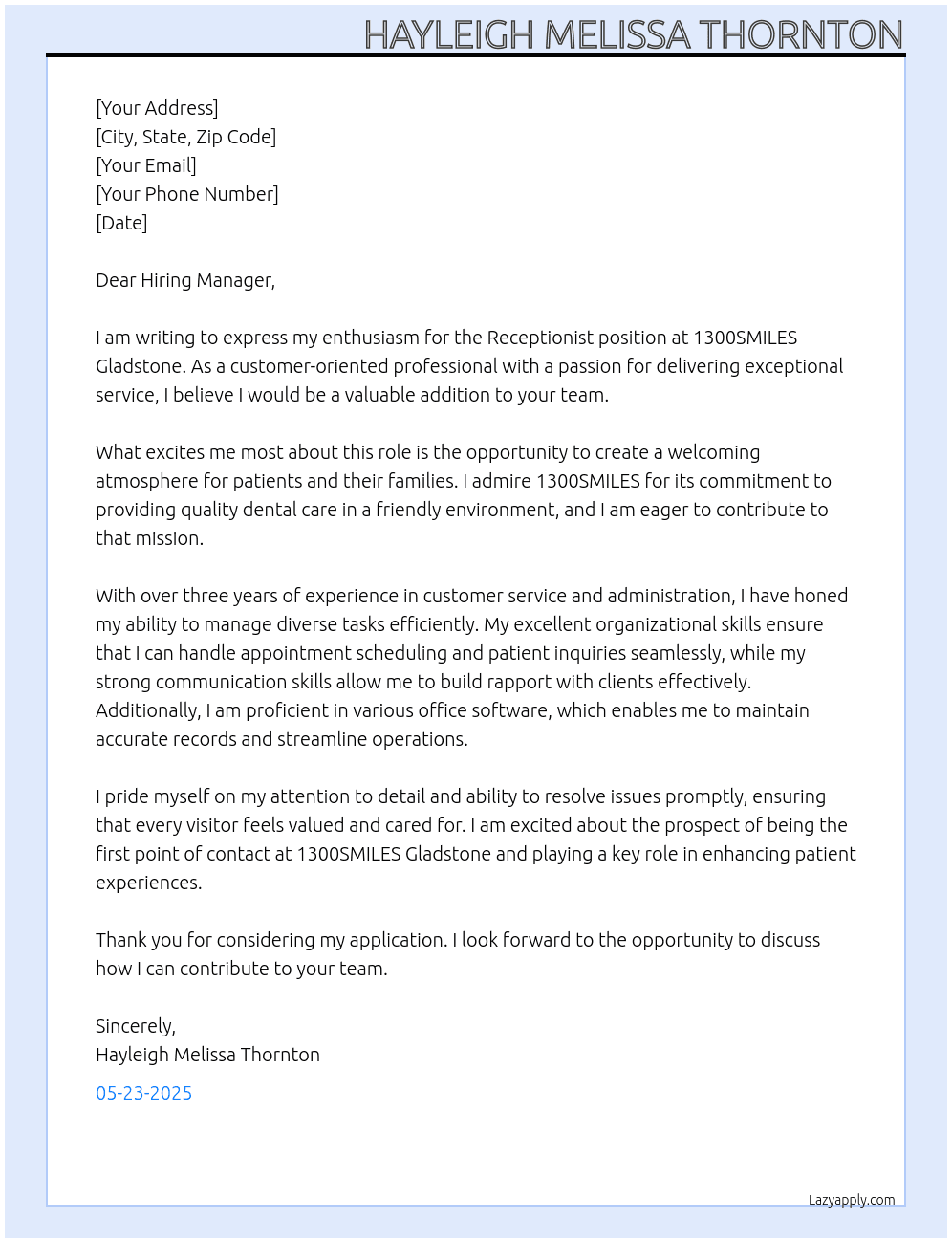 Receptionist At 1300SMILES Gladstone Cover Letter