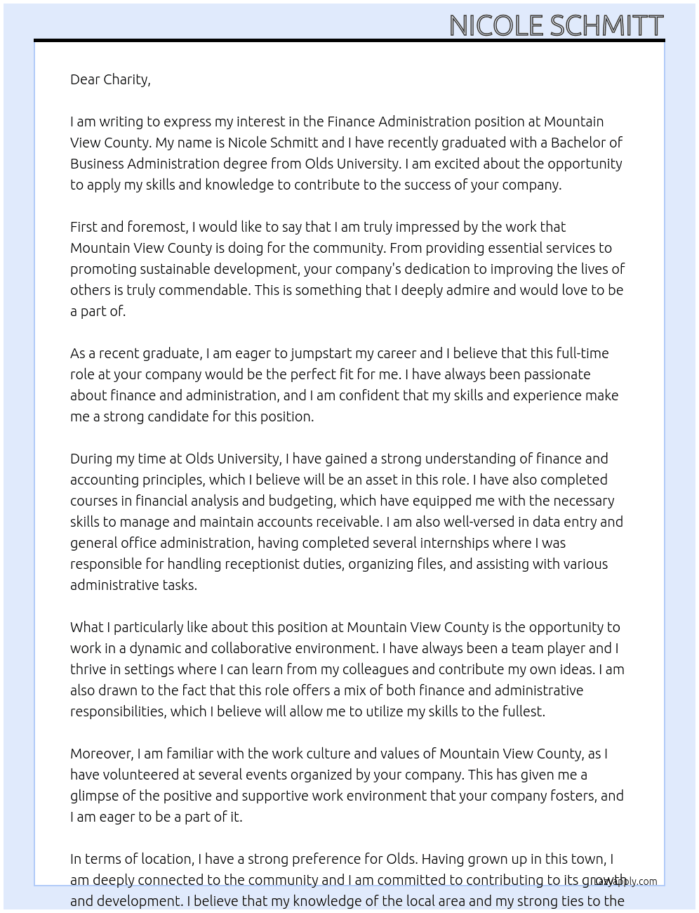 Finance Administration At Mountain View County Cover Letter