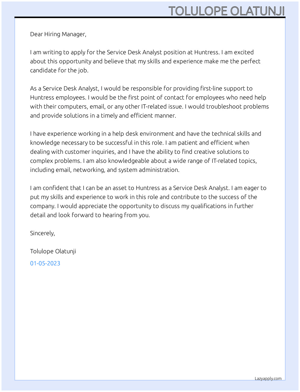 Service Desk Analyst At Huntress Cover Letter