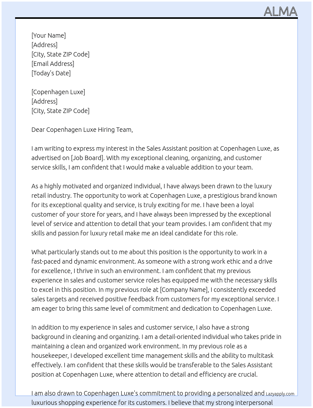 Sales assistent At Copenhagen Luxe Cover Letter