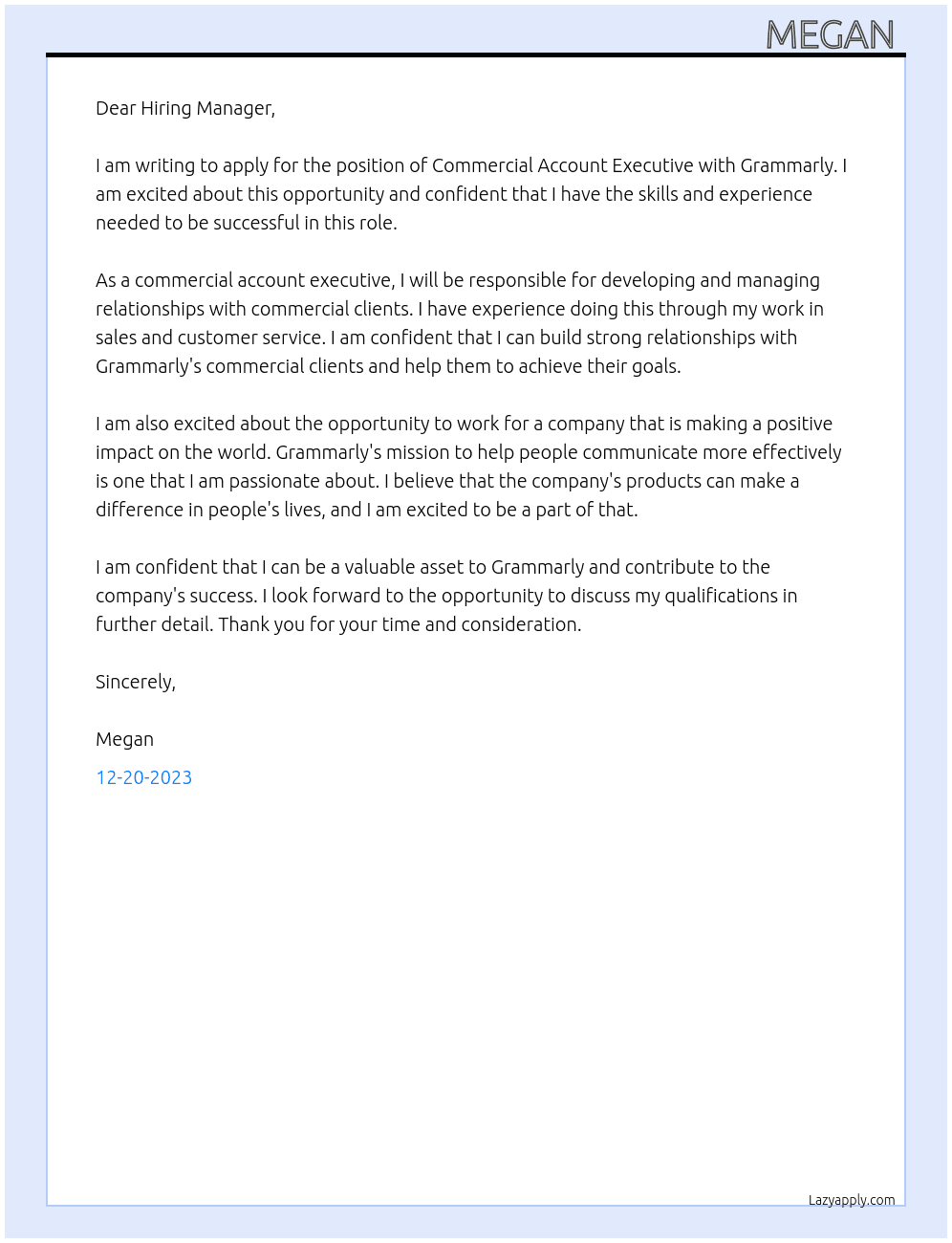 Commercial account executive  At grammerly Cover Letter