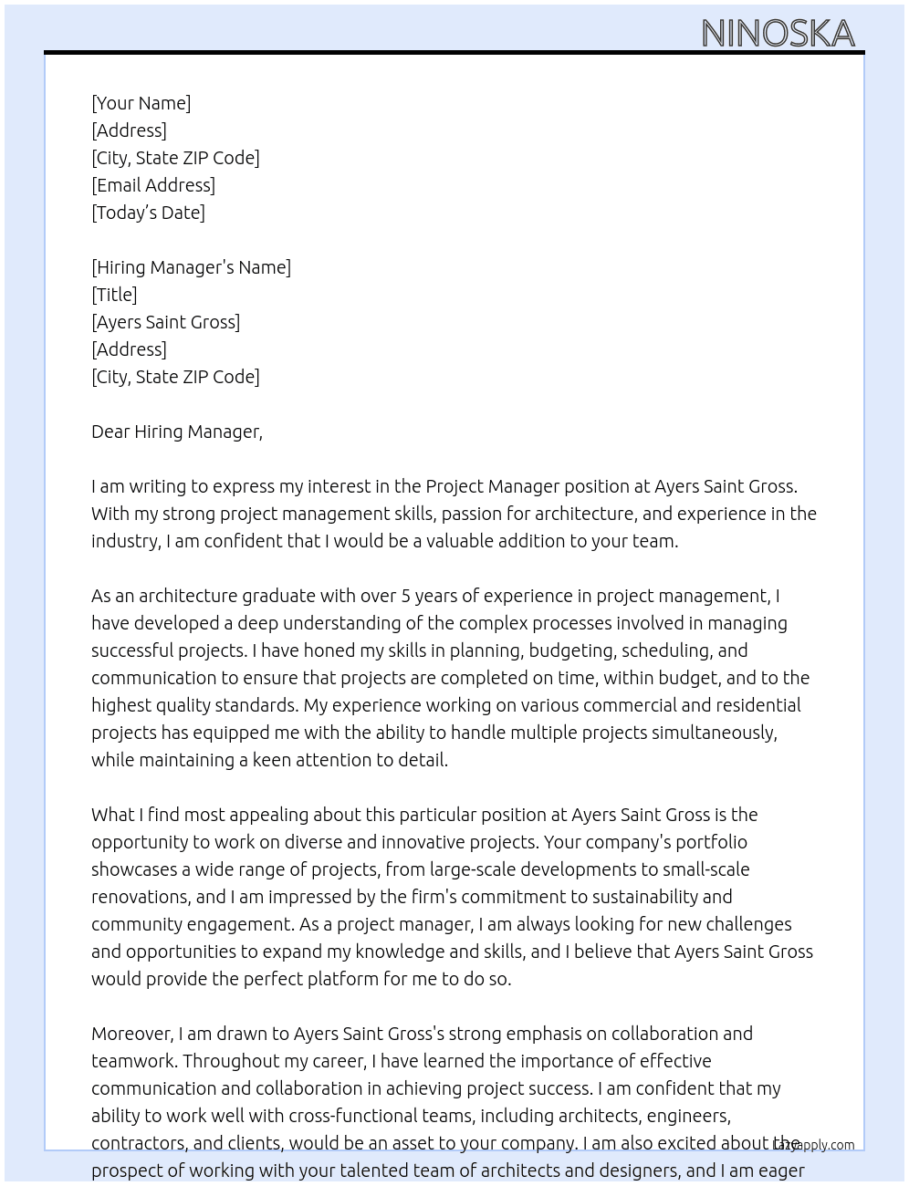 Project Manager At Ayers Saint Gross  Cover Letter