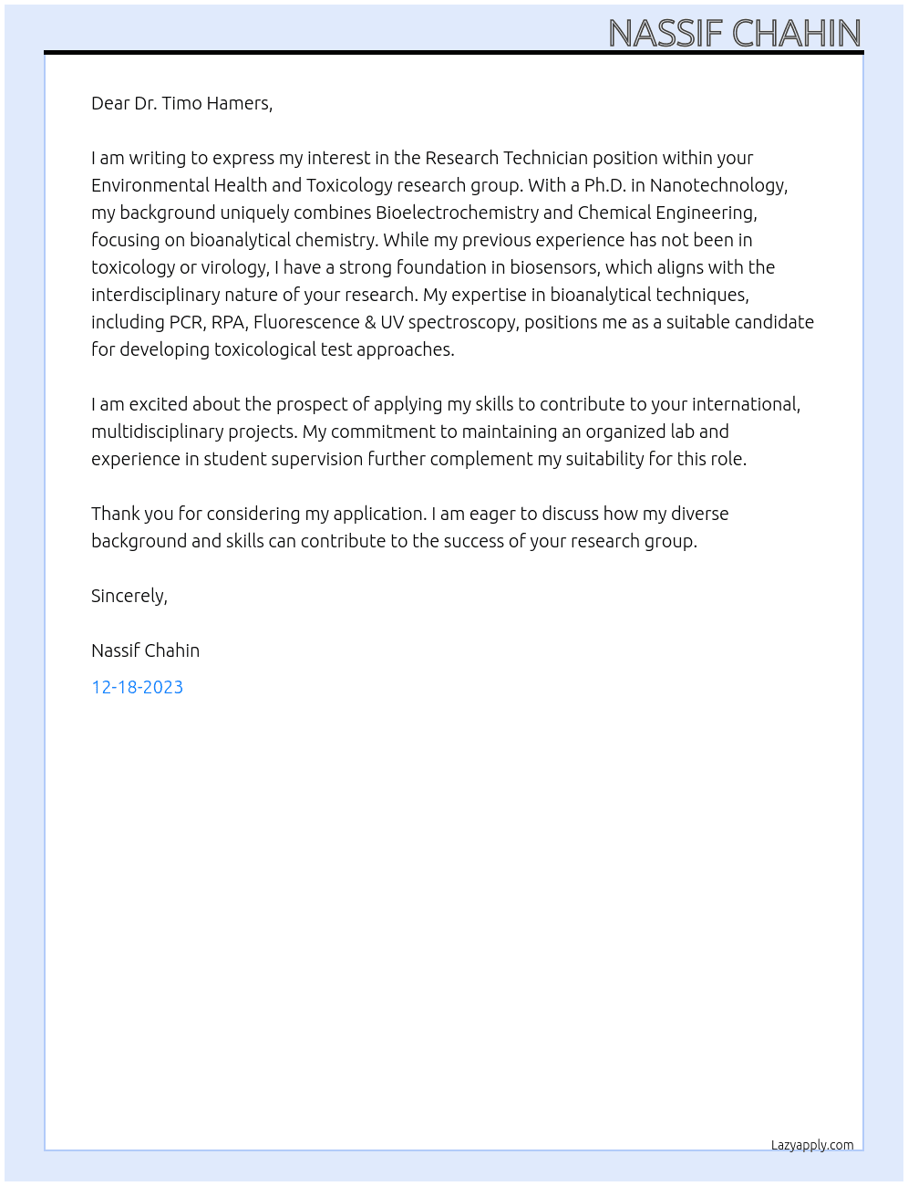 RESEARCH TECHNICIAN TOXICOLOGY At Vrije Universiteit Amsterdam Cover Letter