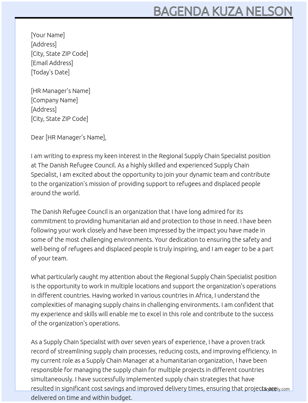 Regional Supply Chain Specialist At The Danish Refugee Council  Cover Letter