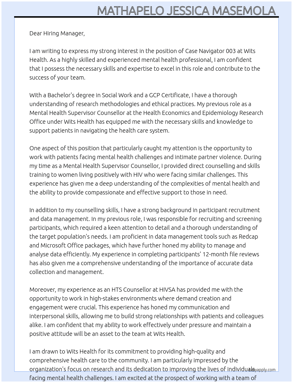 Case Navigator 003 At Wits Health  Cover Letter