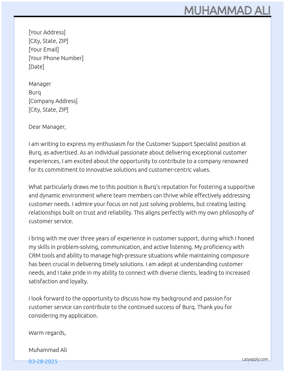 Customer Support Specialist At burq Cover Letter
