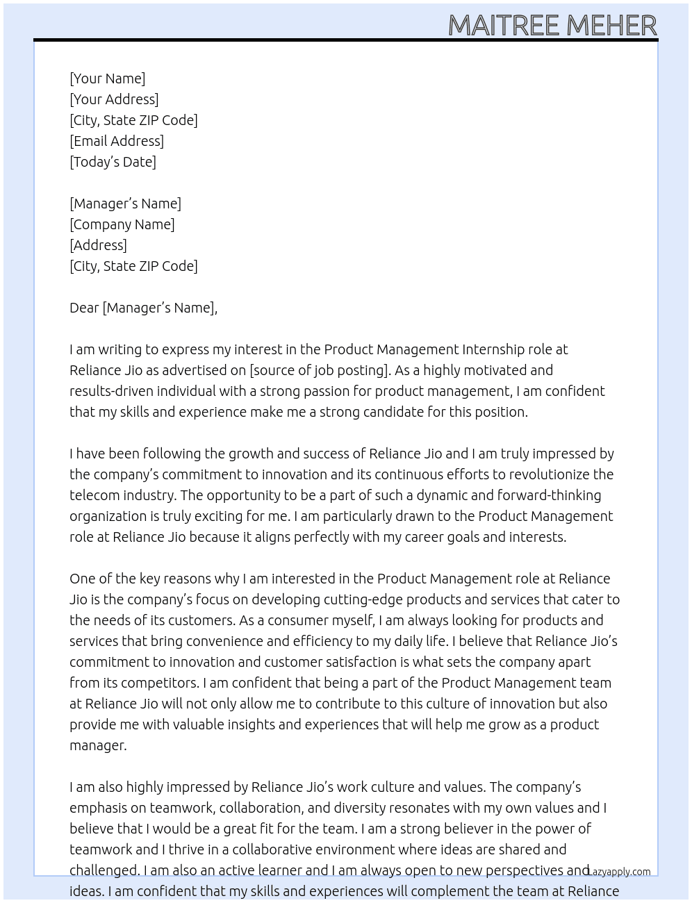 Product Management At Reliance Jio Cover Letter