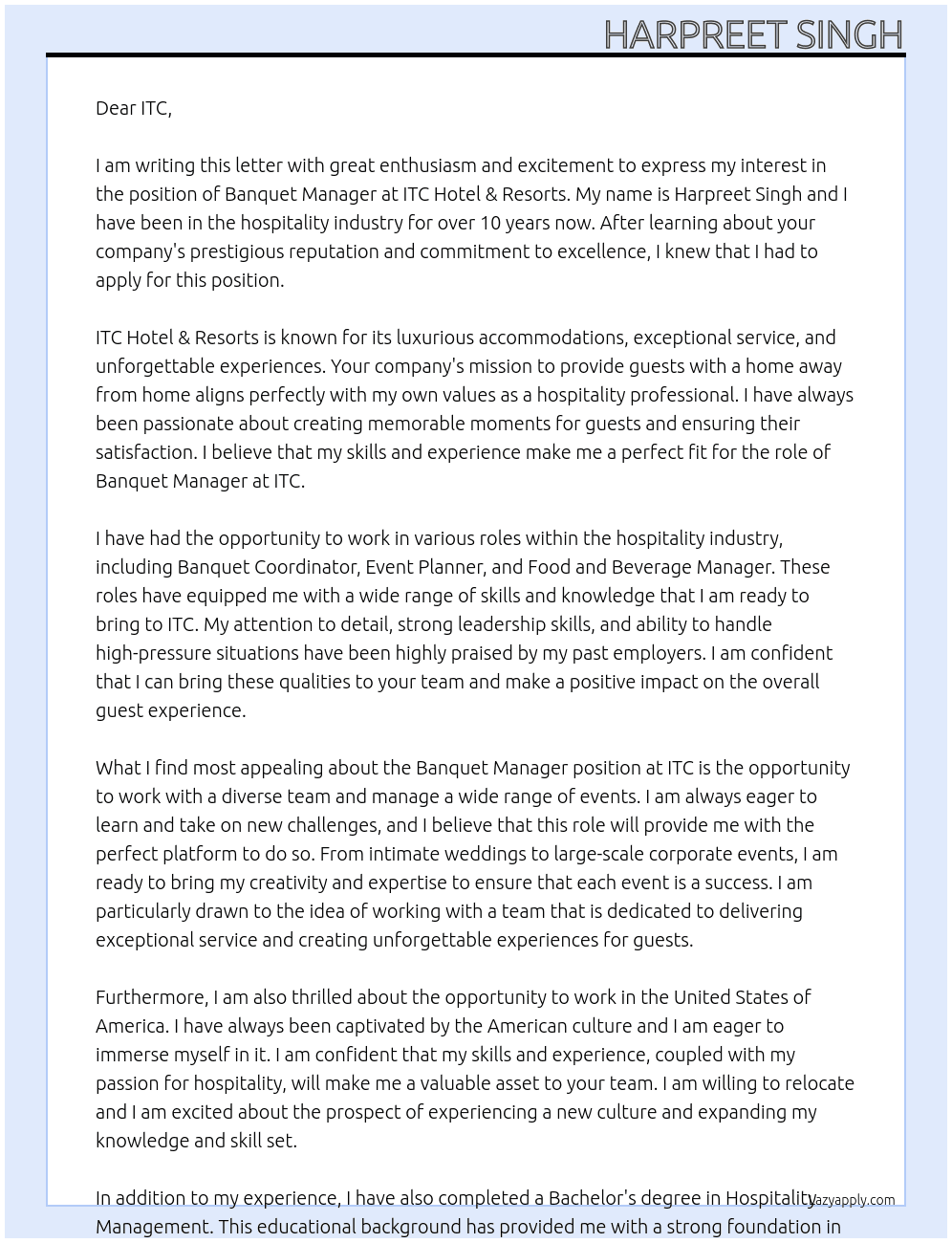 banquet manager At ITC HOTEL & RESORTS Cover Letter