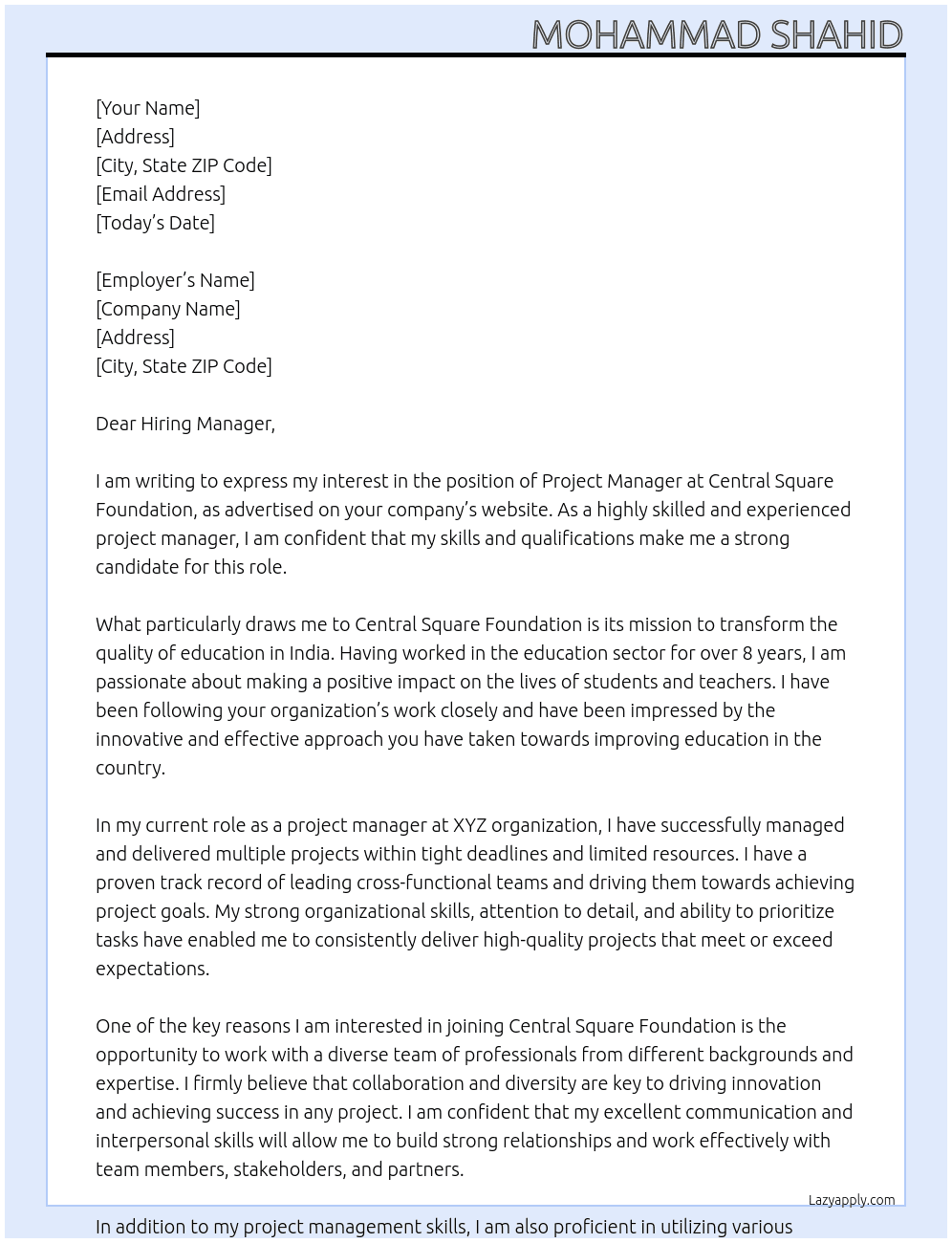 Project Manager At Central Square Foundation Cover Letter
