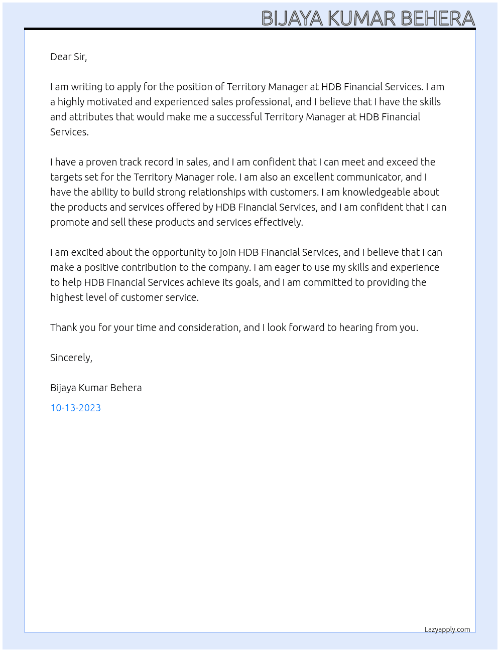 Territory Manager  At HDB FINANCIAL SERVICES  Cover Letter