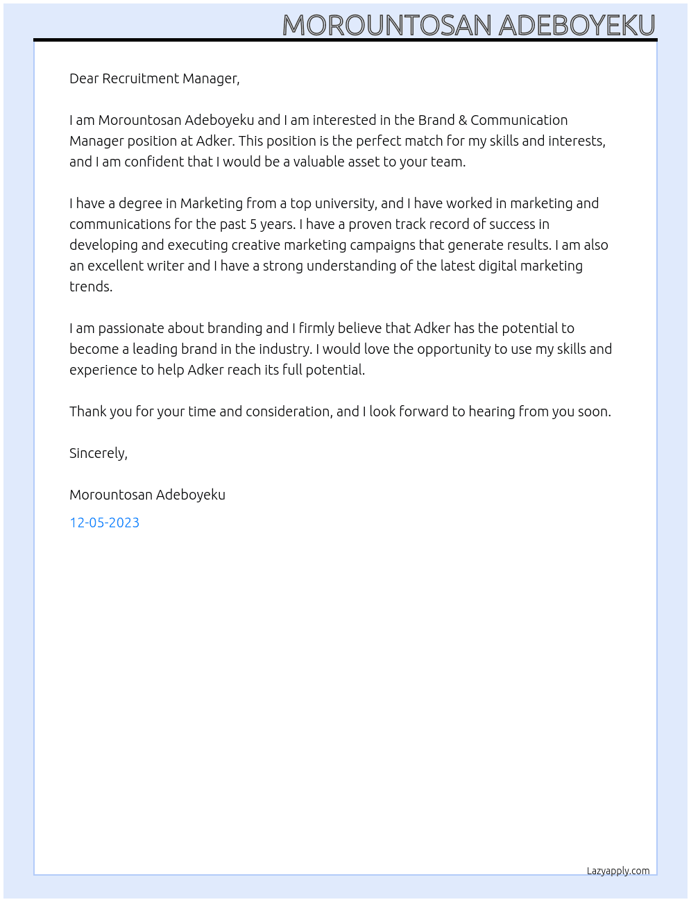 Brand & Communication Manager At Adker Cover Letter