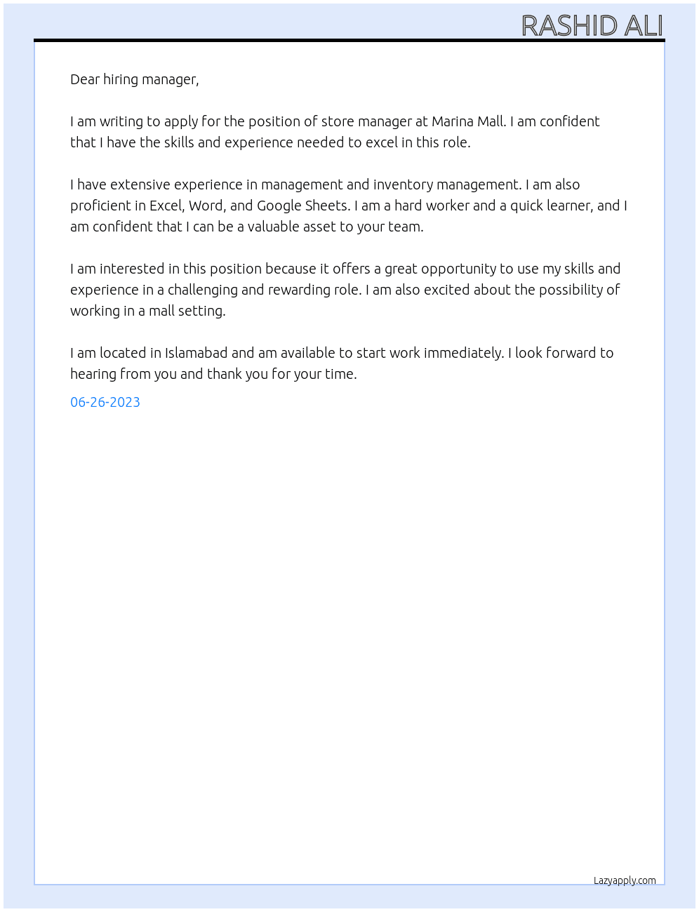 Store Manager At Marina Mall Cover Letter