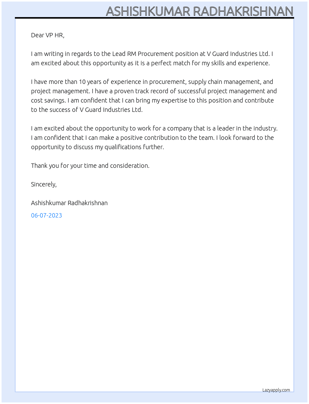 Lead RM Procurement At V Guard Industries Ltd Cover Letter