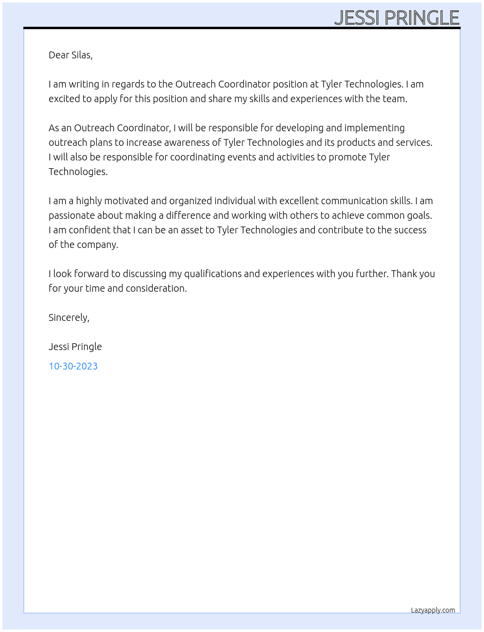 Outreach Coordinator At Tyler Technologies Cover Letter