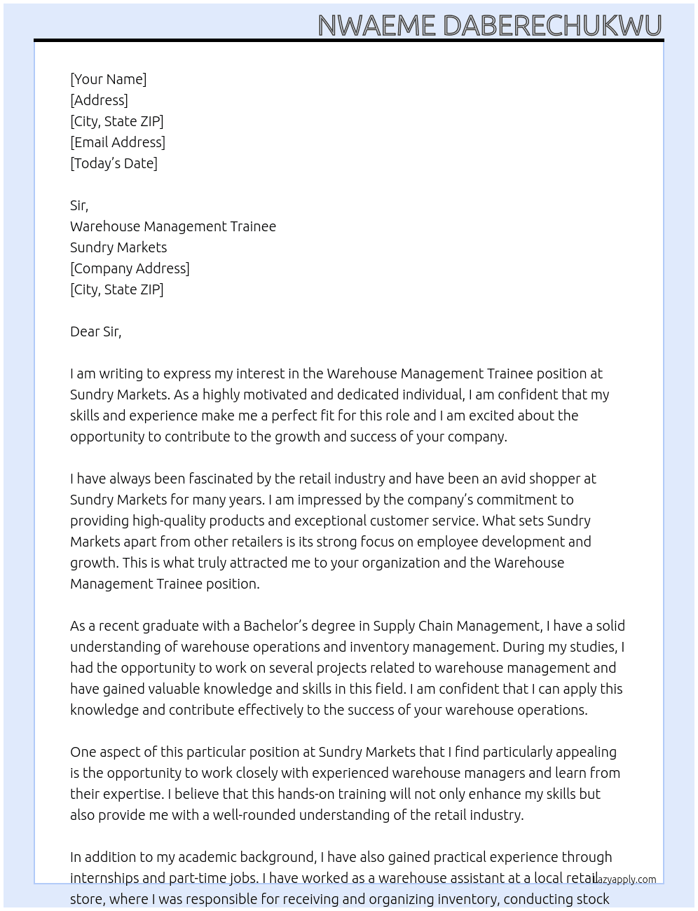 Warehouse Management Trainee At sundry markets Cover Letter
