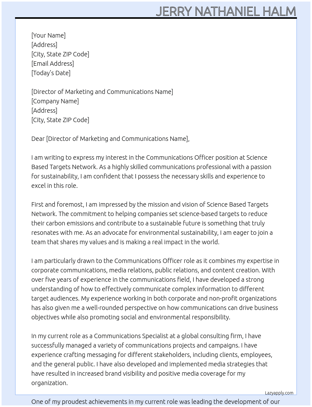 Communications Officer At Science Based Targets Network Cover Letter