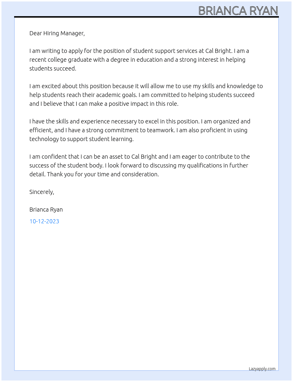 student support services At Cal Bright Cover Letter