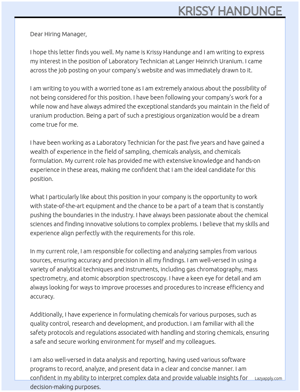 Laboratory Technician  At Langer Heinrich Uranium  Cover Letter