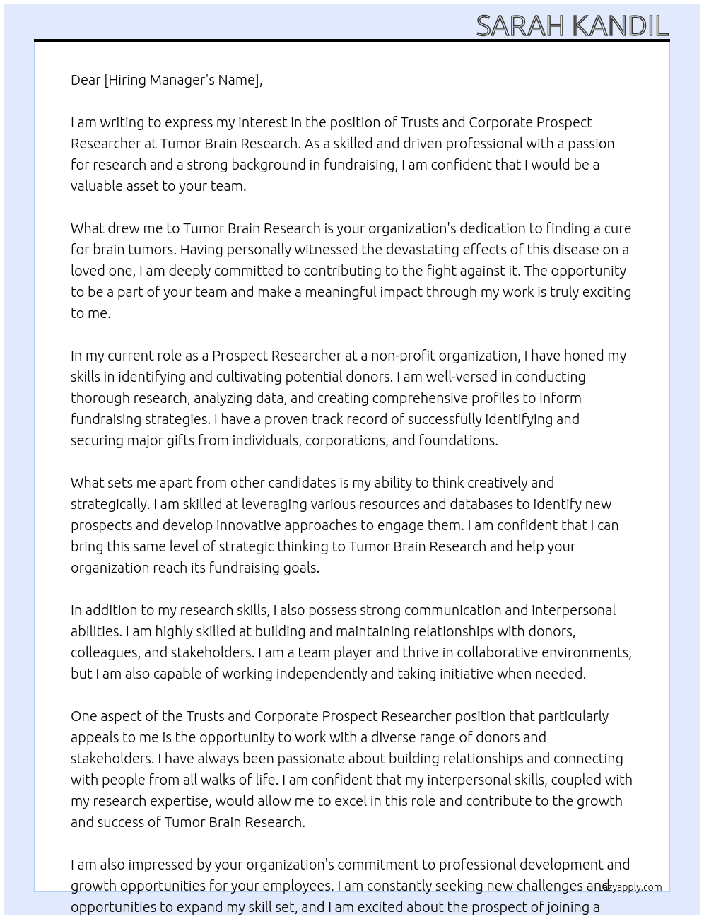 Trusts and Corporate Prospect Researcher At tumor brain research  Cover Letter