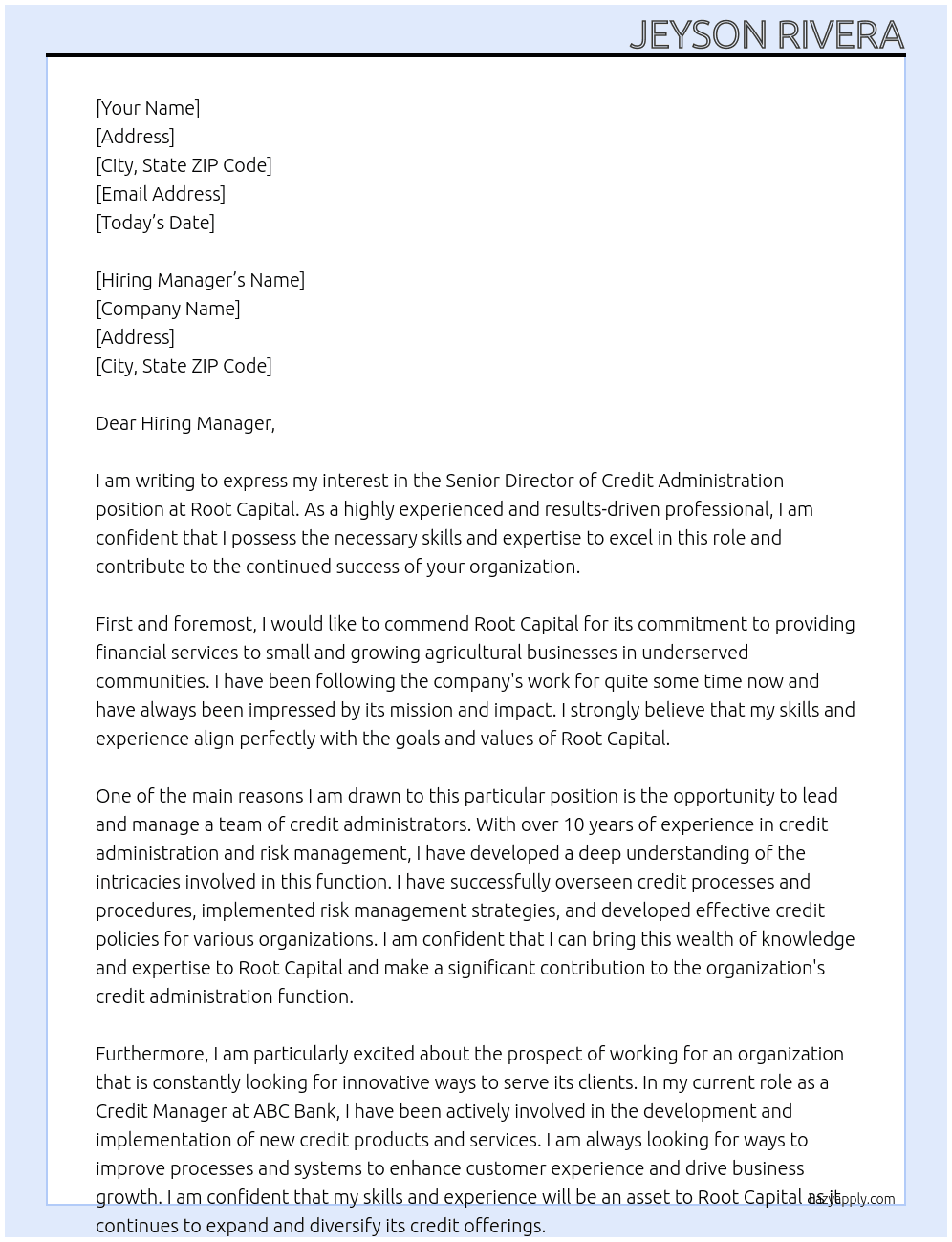 Senior Director of Credit Administration At Root Capital Cover Letter