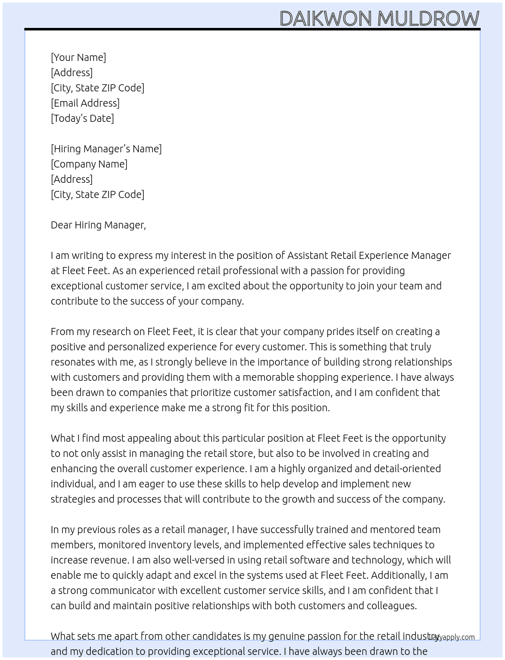 Assistant Retail Experience Manager At Fleet Feet Cover Letter